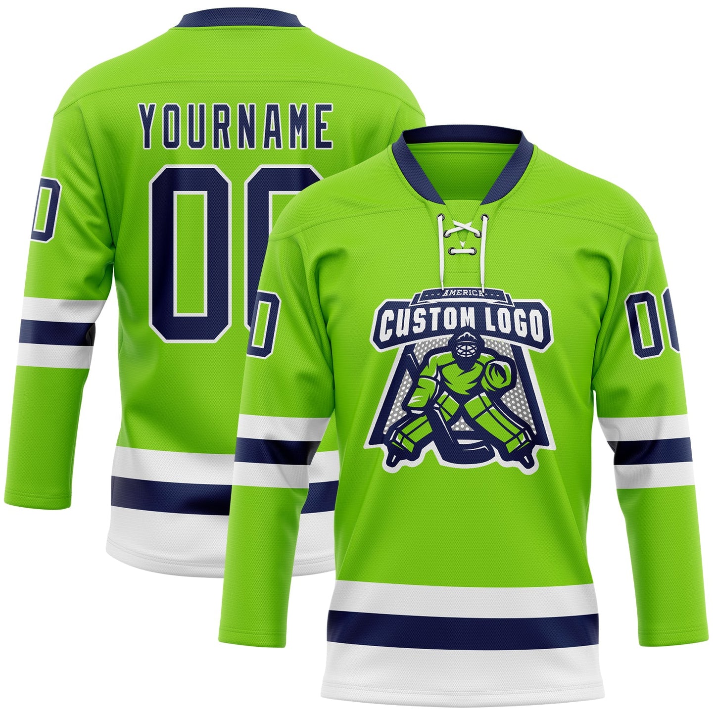 Custom Neon Green Navy-White Hockey Lace Neck Jersey view 2