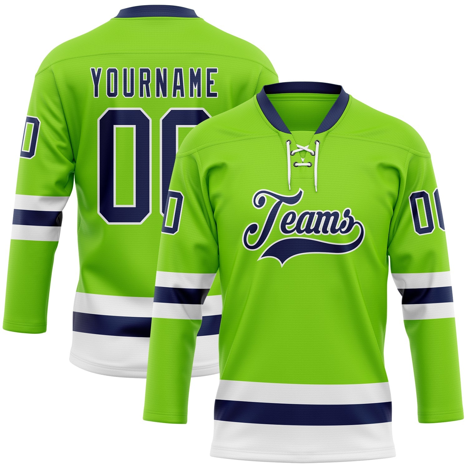 Custom Neon Green Navy-White Hockey Lace Neck Jersey - Main View