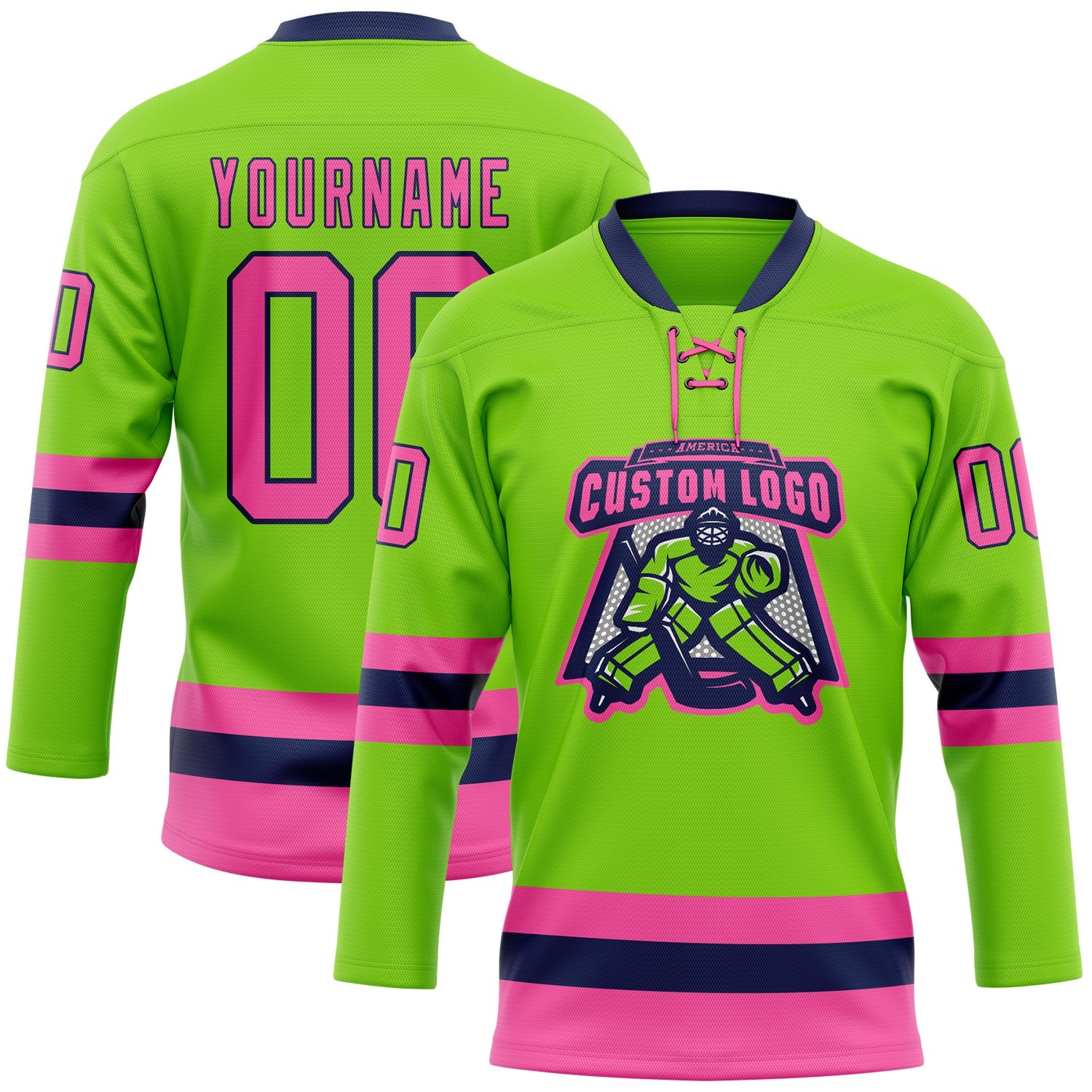 Custom Neon Green Pink-Navy Hockey Lace Neck Jersey view 2