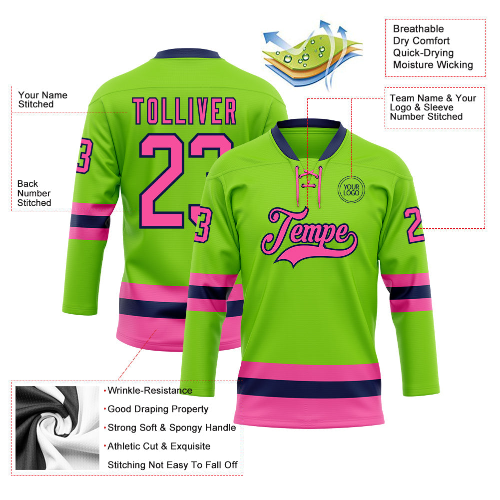 Custom Neon Green Pink-Navy Hockey Lace Neck Jersey view 3