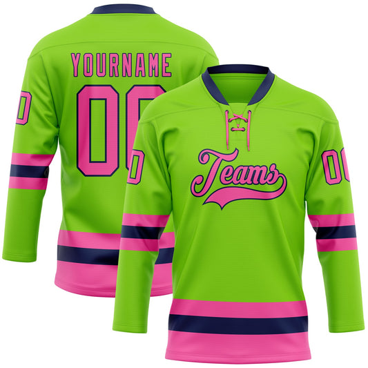 Custom Neon Green Pink-Navy Hockey Lace Neck Jersey - Main View