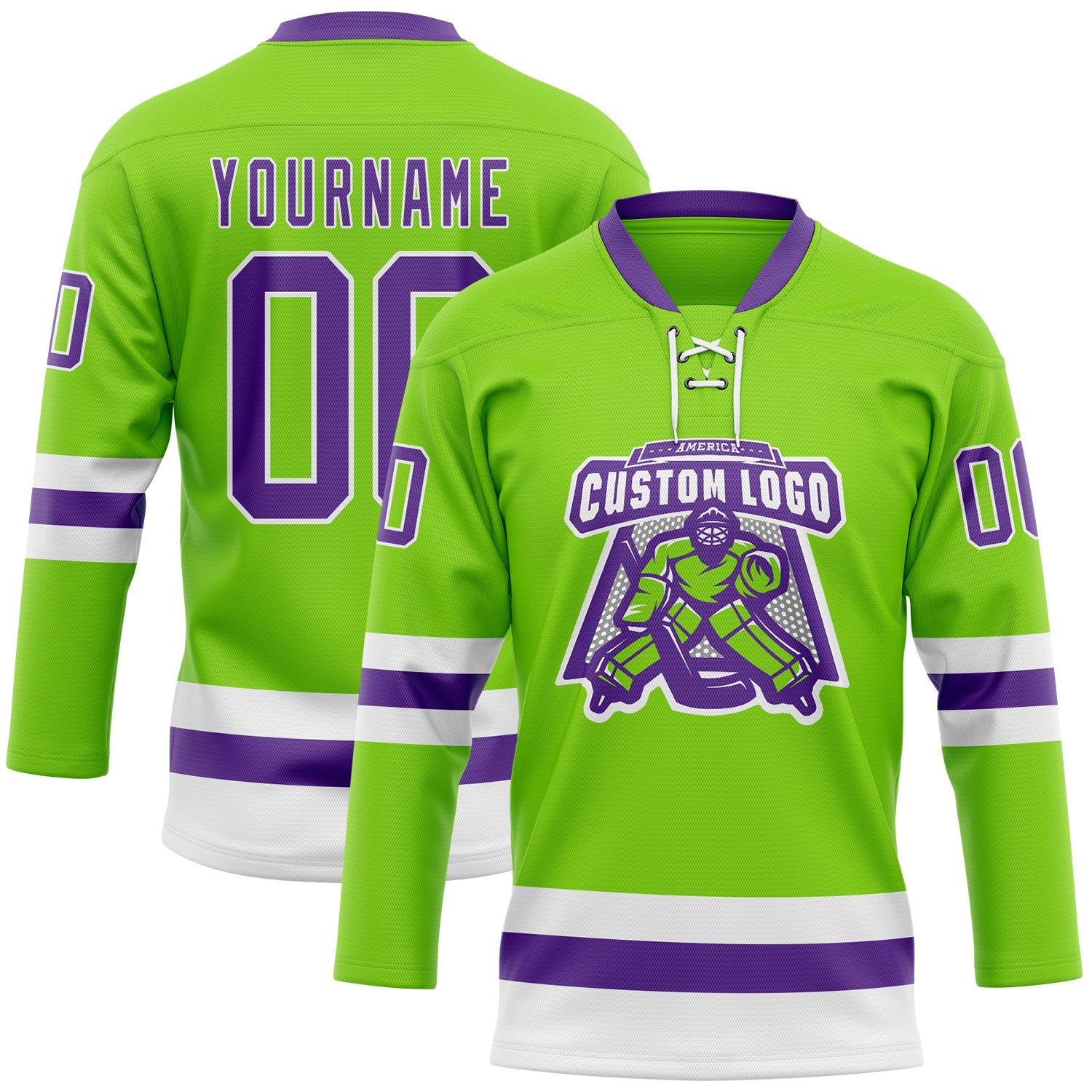 Custom Neon Green Purple-White Hockey Lace Neck Jersey view 2