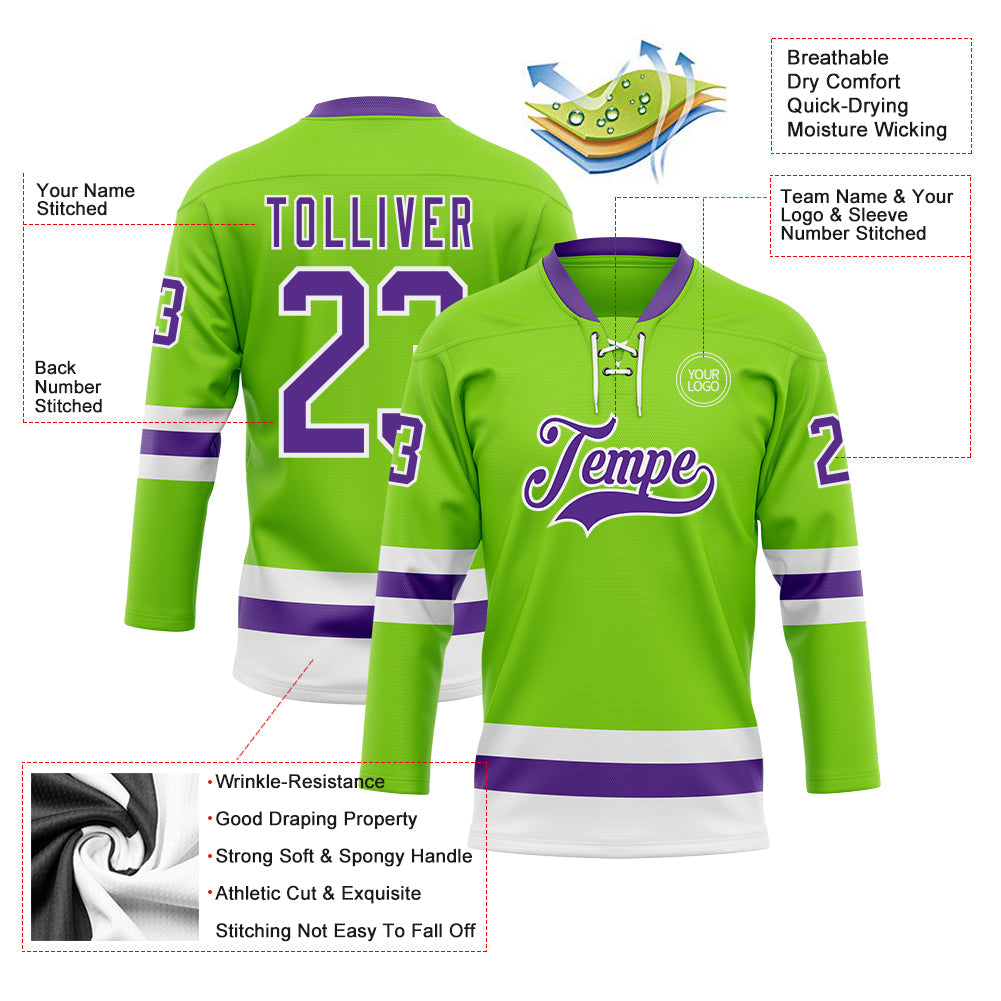 Custom Neon Green Purple-White Hockey Lace Neck Jersey view 3
