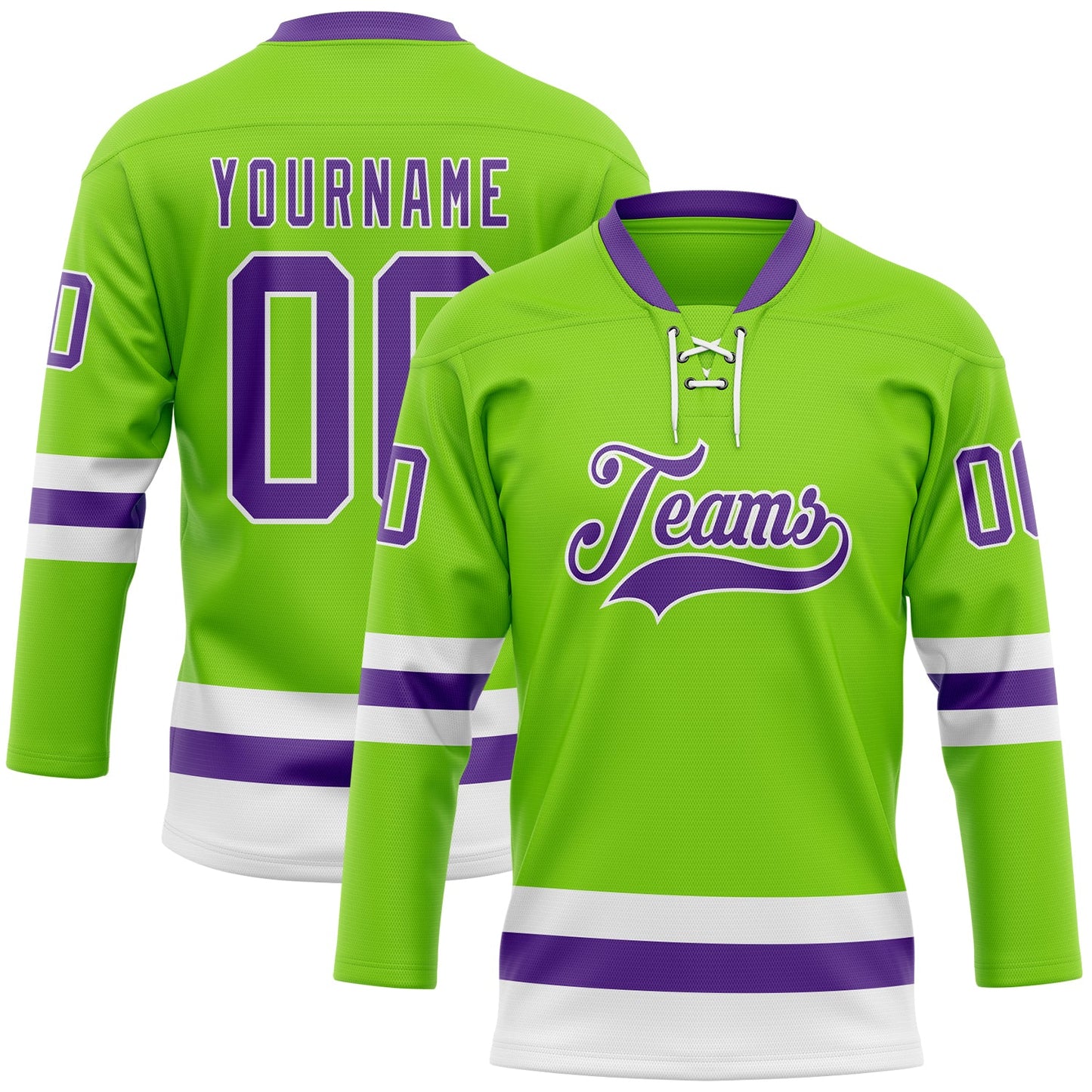 Custom Neon Green Purple-White Hockey Lace Neck Jersey - Main View