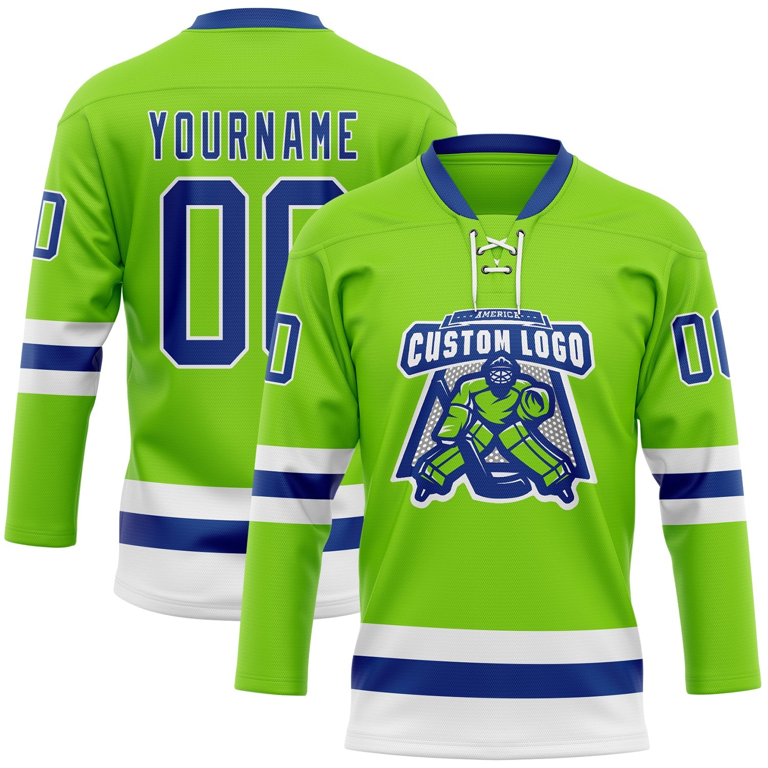 Custom Neon Green Royal-White Hockey Lace Neck Jersey view 2