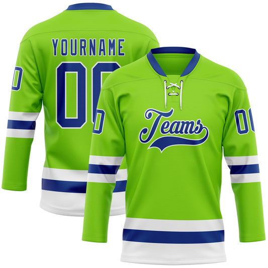 Custom Neon Green Royal-White Hockey Lace Neck Jersey - Main View