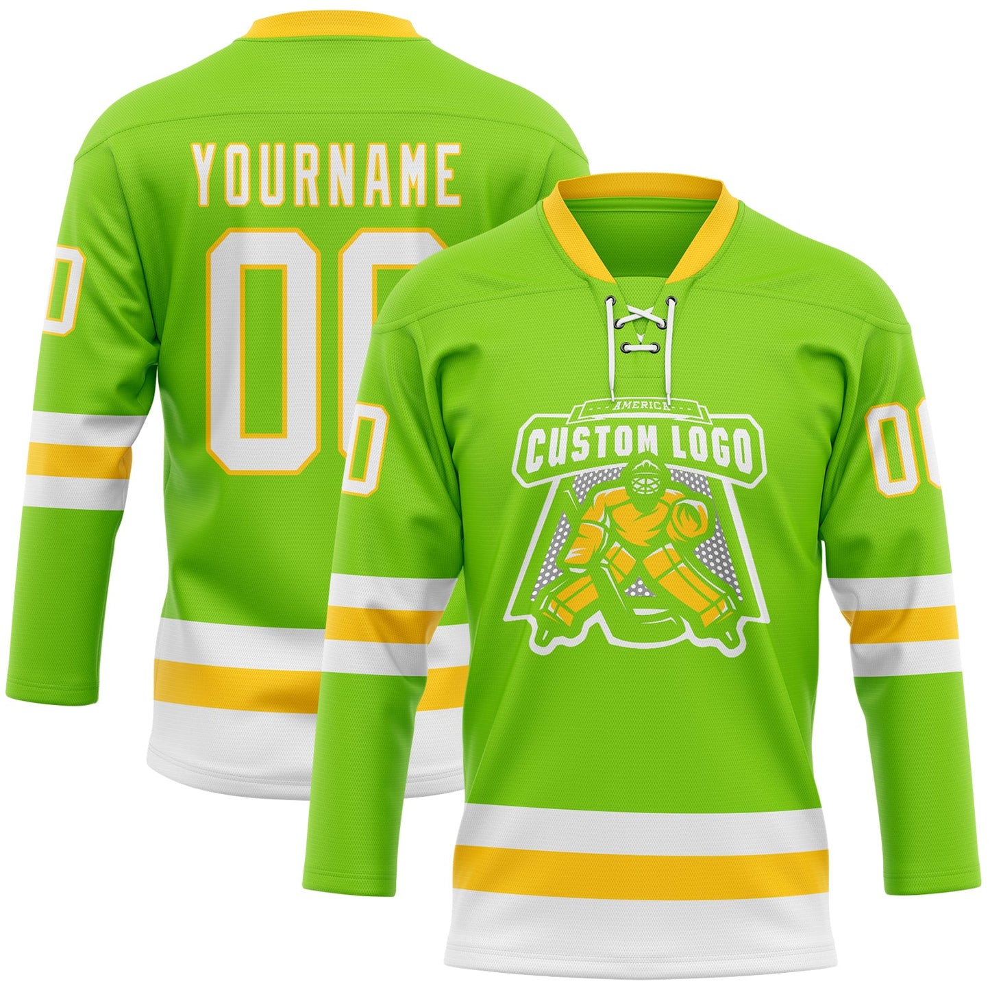 Custom Neon Green White-Yellow Hockey Lace Neck Jersey view 2