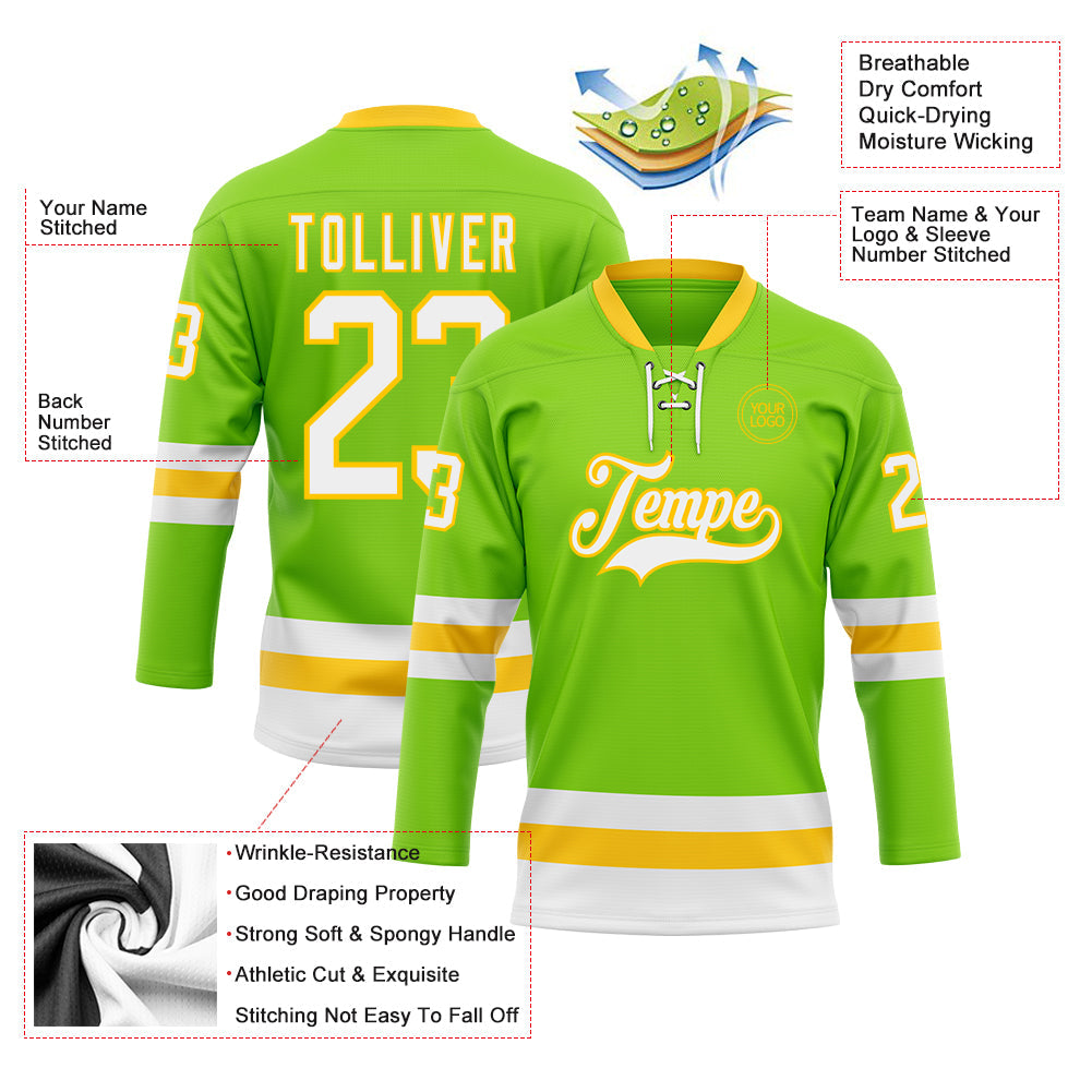 Custom Neon Green White-Yellow Hockey Lace Neck Jersey view 3