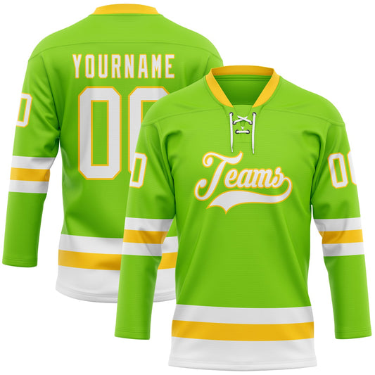 Custom Neon Green White-Yellow Hockey Lace Neck Jersey - Main View