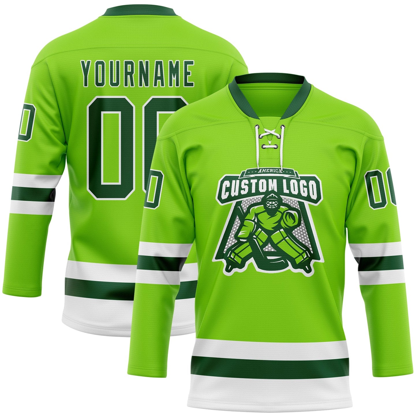 Custom Neon Green Green-White Hockey Lace Neck Jersey view 2
