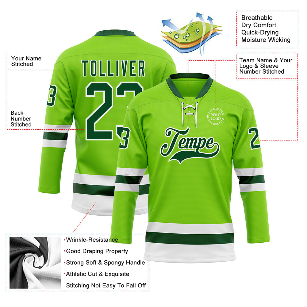 Custom Neon Green Green-White Hockey Lace Neck Jersey view 3