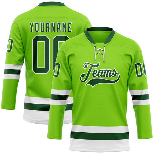 Custom Neon Green Green-White Hockey Lace Neck Jersey - Main View