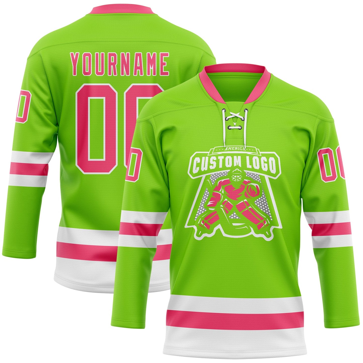 Custom Neon Green Neon Pink-White Hockey Lace Neck Jersey view 2