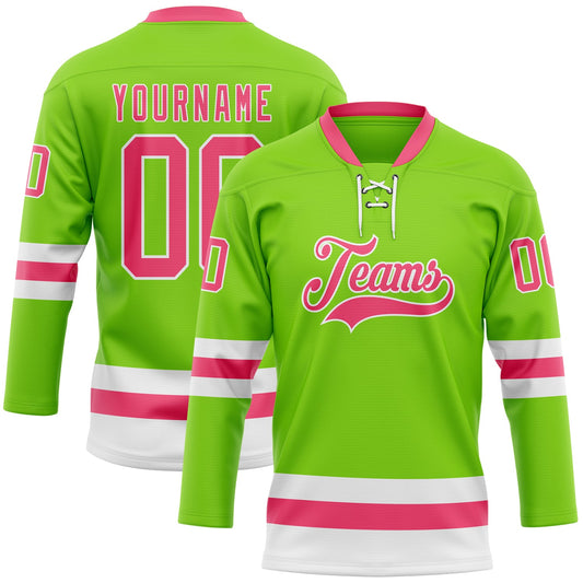 Custom Neon Green Neon Pink-White Hockey Lace Neck Jersey - Main View