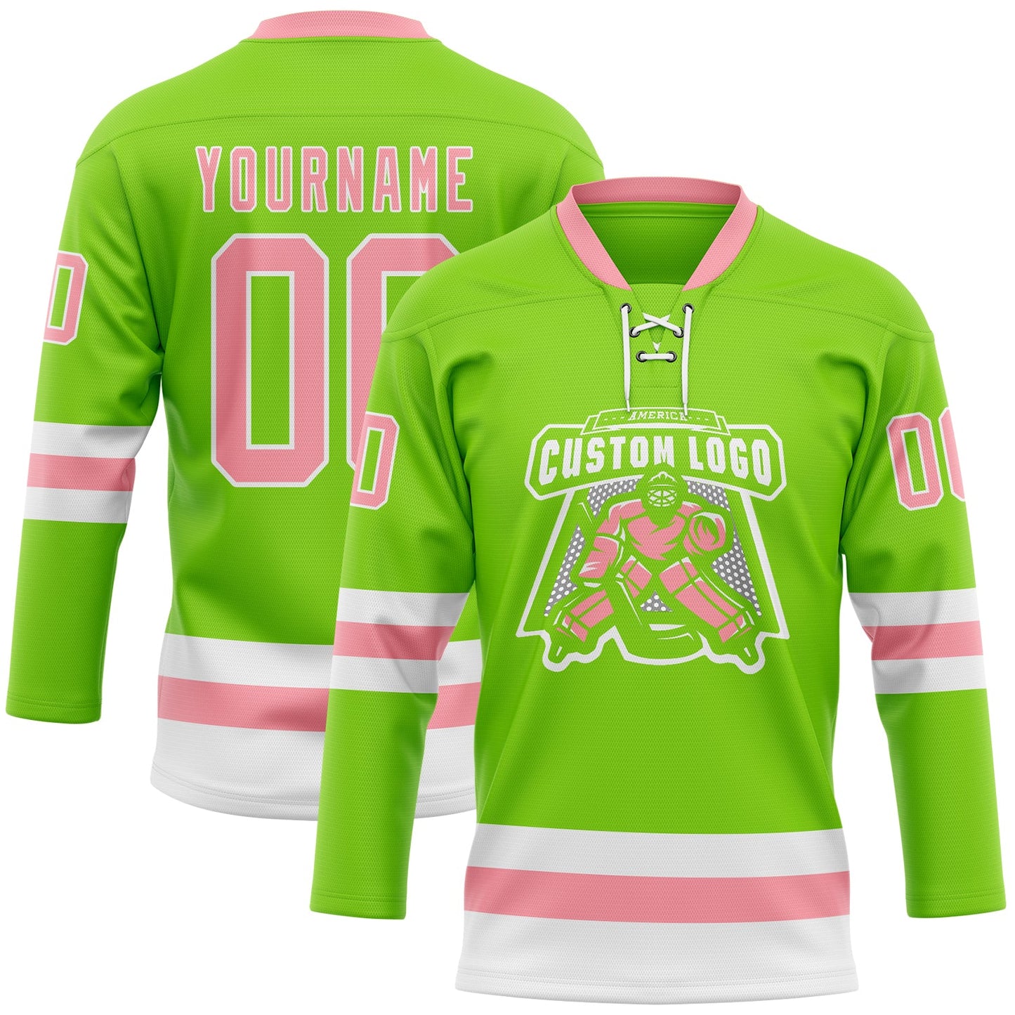 Custom Neon Green Medium Pink-White Hockey Lace Neck Jersey view 2