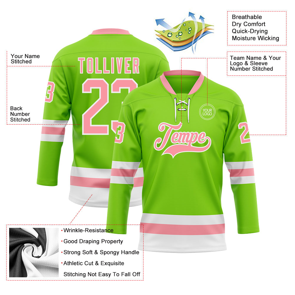 Custom Neon Green Medium Pink-White Hockey Lace Neck Jersey view 3