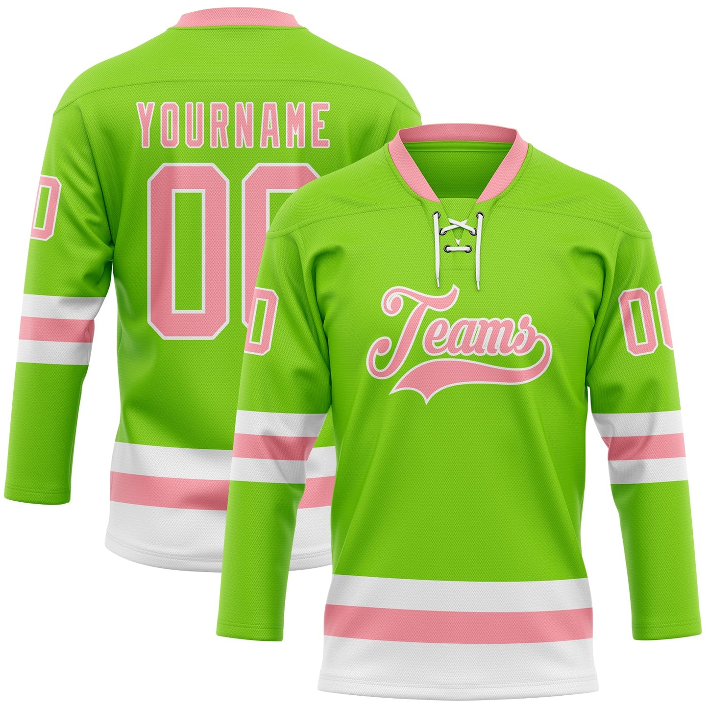Custom Neon Green Medium Pink-White Hockey Lace Neck Jersey - Main View