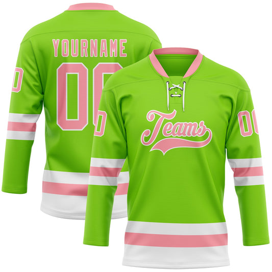 Custom Neon Green Medium Pink-White Hockey Lace Neck Jersey - Main View