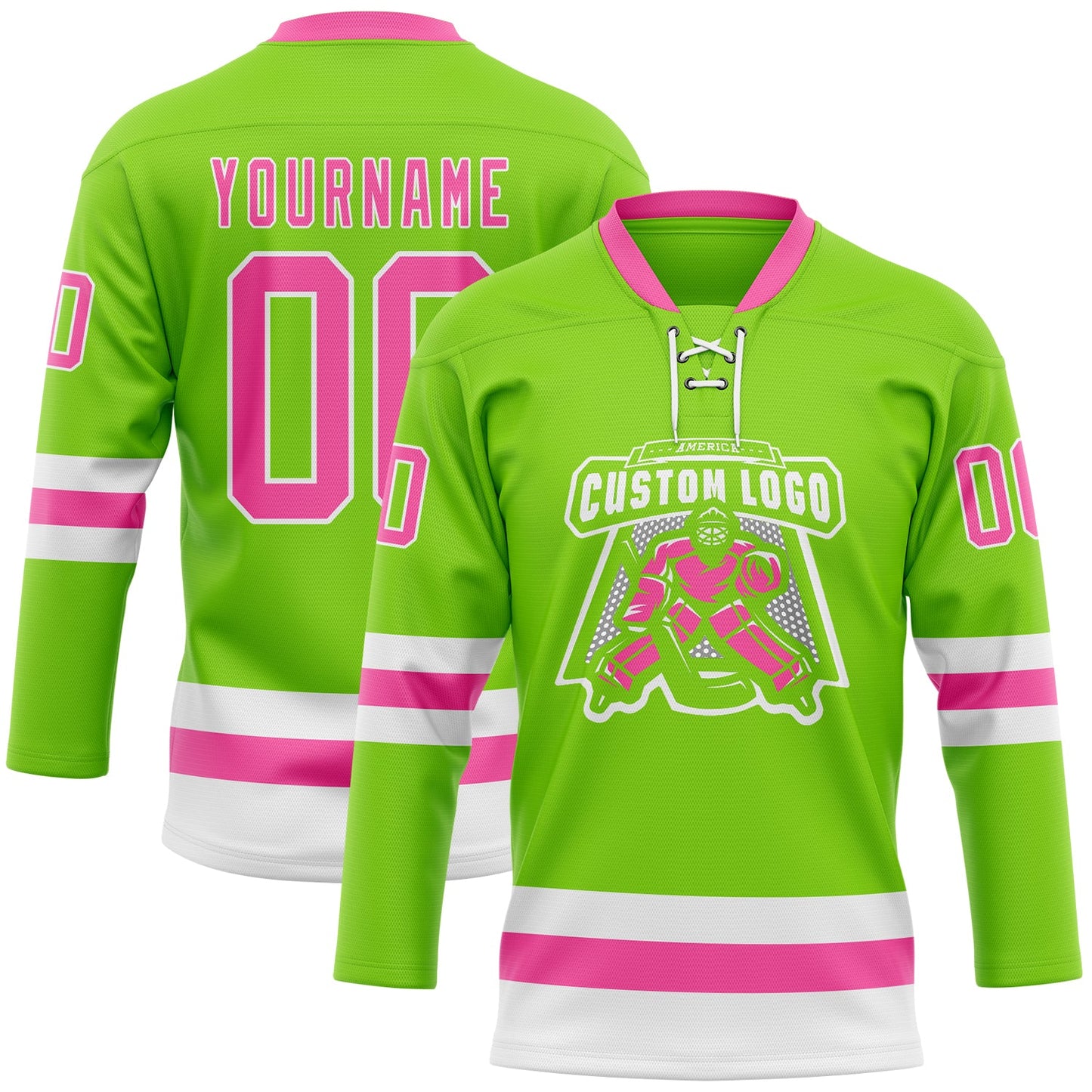 Custom Neon Green Pink-White Hockey Lace Neck Jersey view 2
