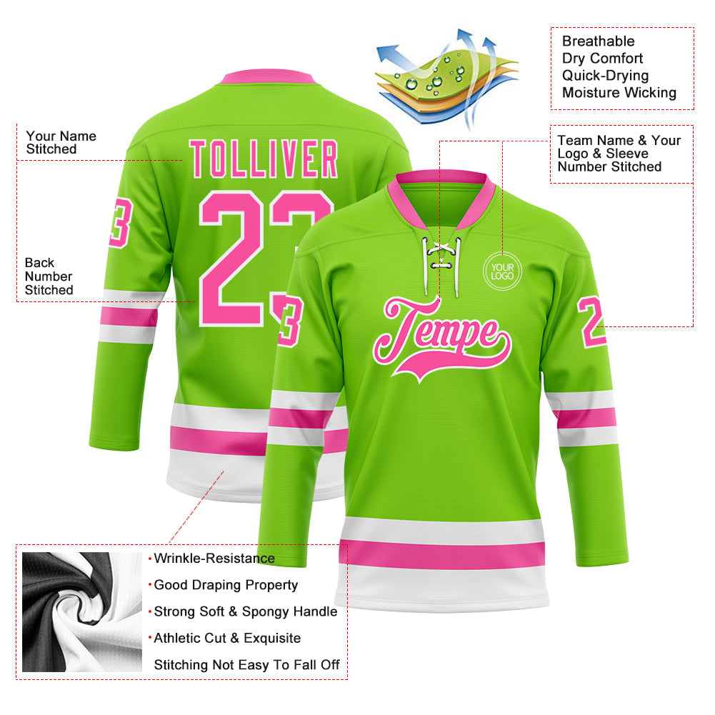 Custom Neon Green Pink-White Hockey Lace Neck Jersey view 3