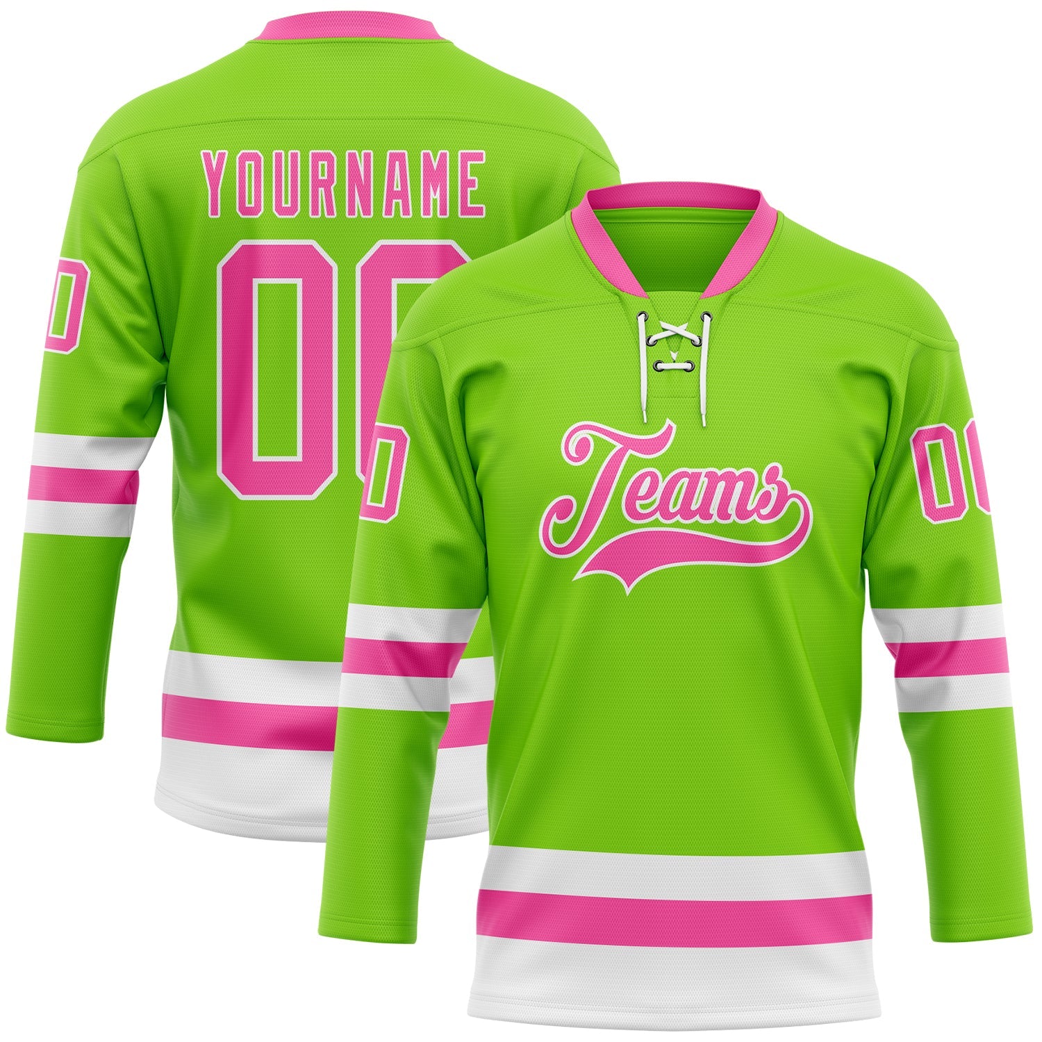 Custom Neon Green Pink-White Hockey Lace Neck Jersey - Main View