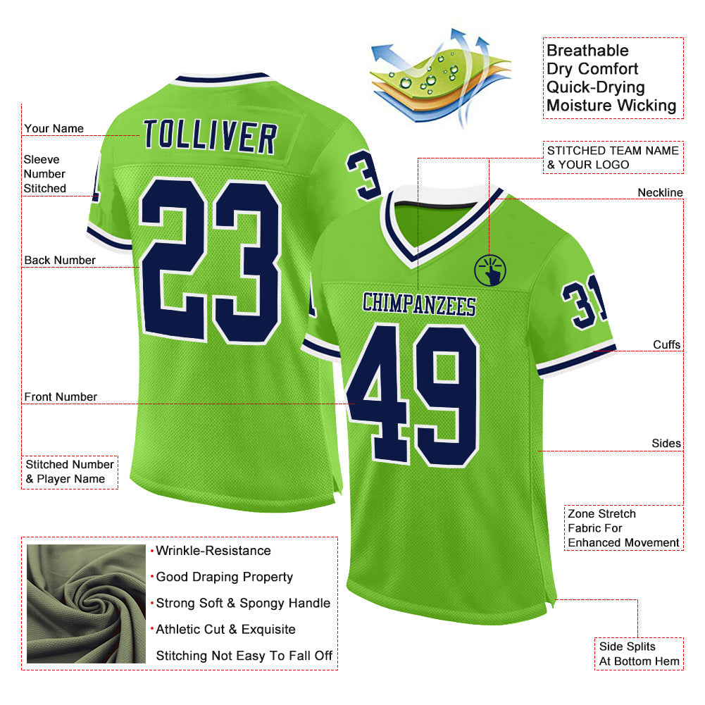 Custom Neon Green Navy-White Mesh Authentic Throwback Football Jersey view 2