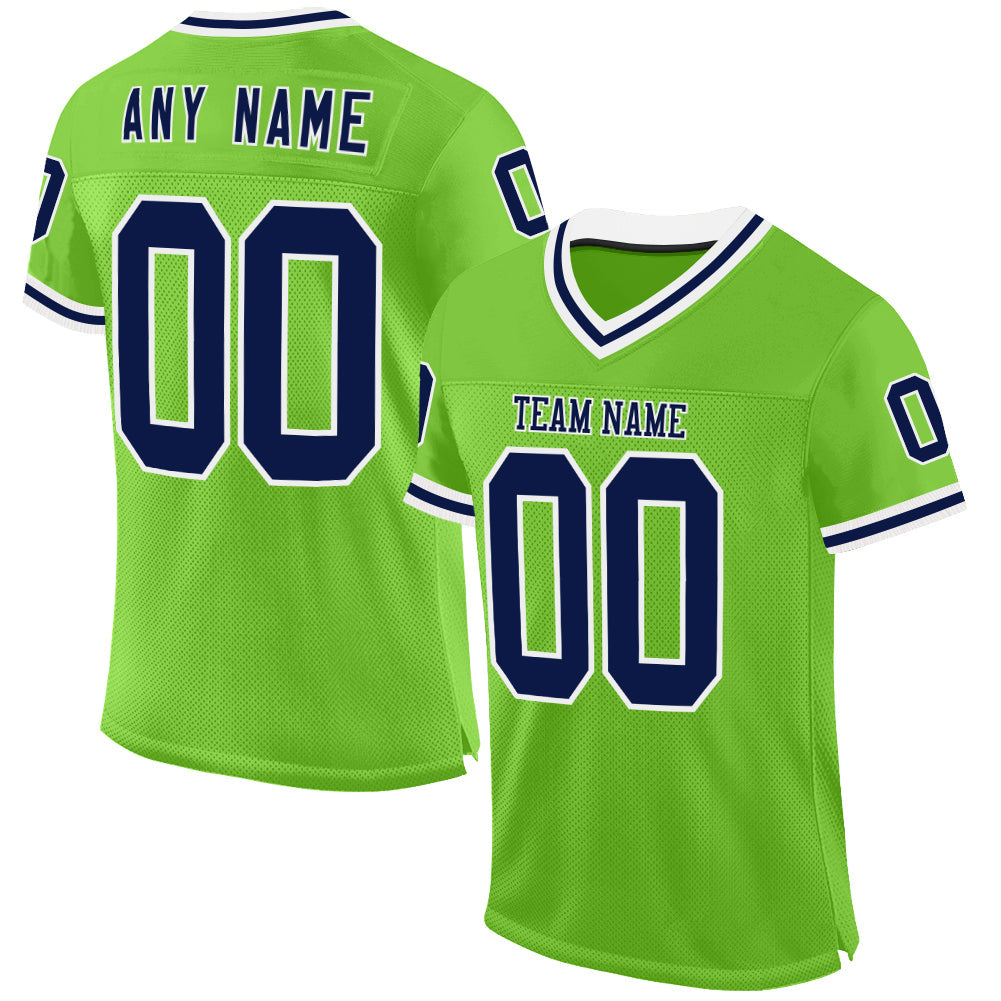 Custom Neon Green Navy-White Mesh Authentic Throwback Football Jersey - Main View