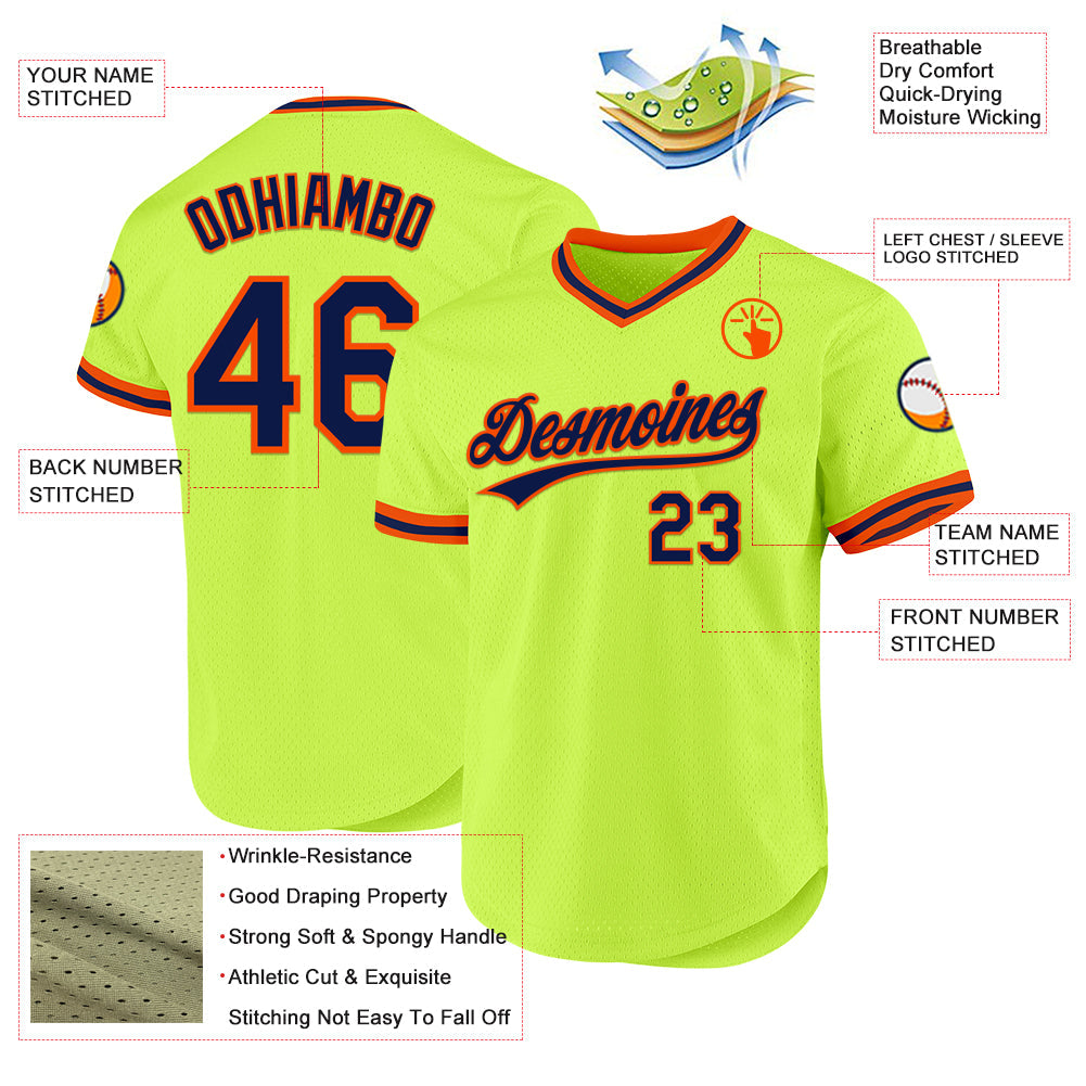 Custom Neon Green Navy-Orange Authentic Throwback Baseball Jersey view 3