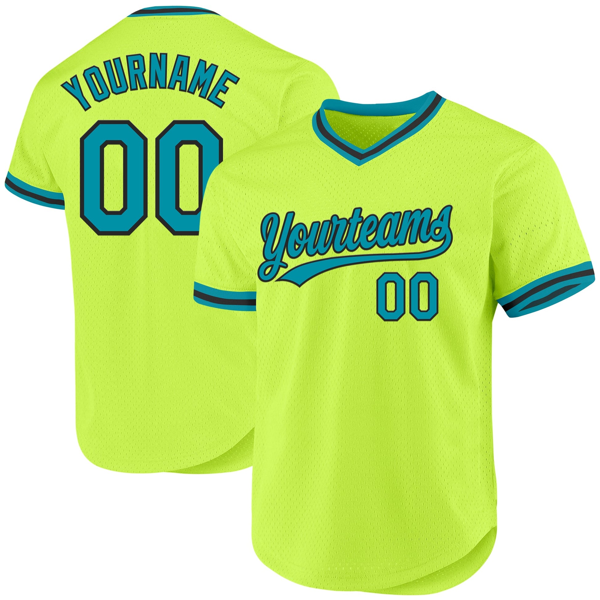 Custom Neon Green Teal-Black Authentic Throwback Baseball Jersey - Main View