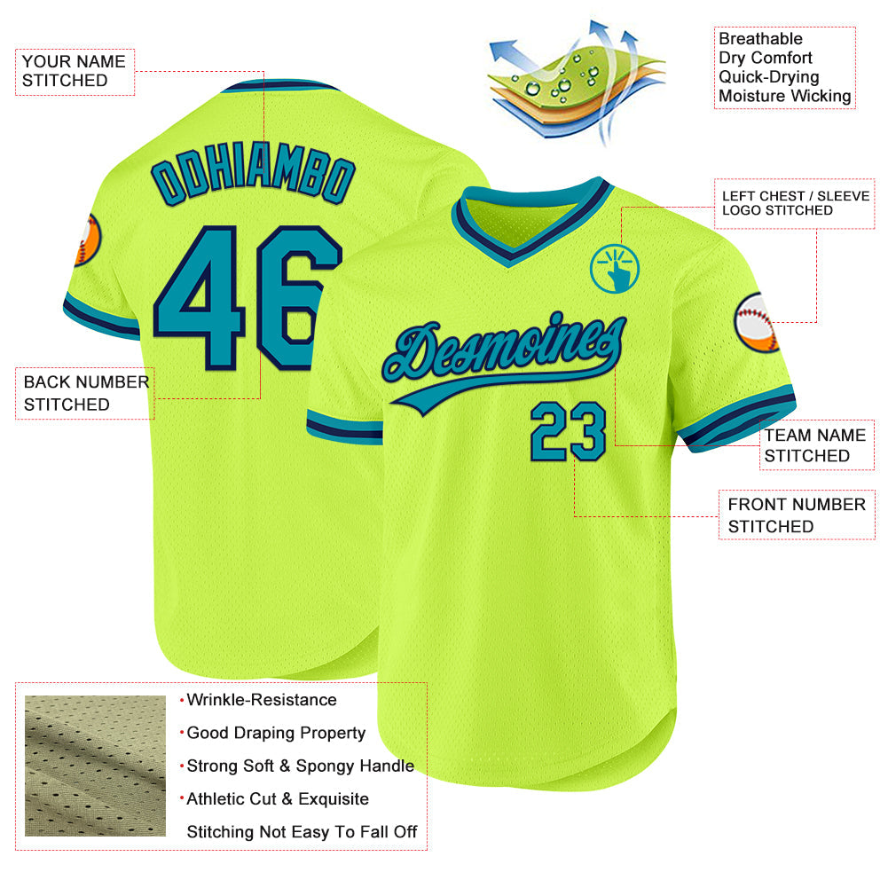 Custom Neon Green Teal-Navy Authentic Throwback Baseball Jersey view 3