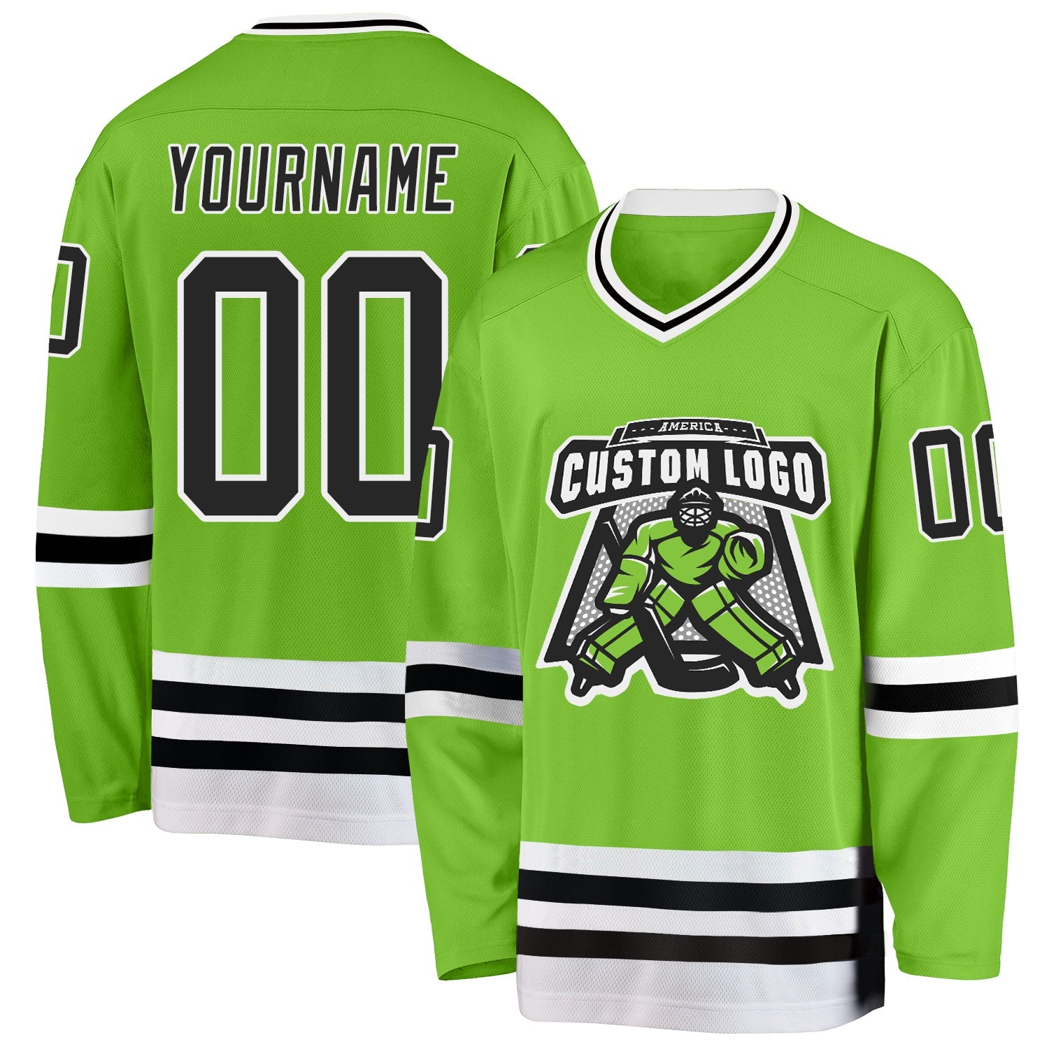 Custom Neon Green Black-White Hockey Jersey view 2