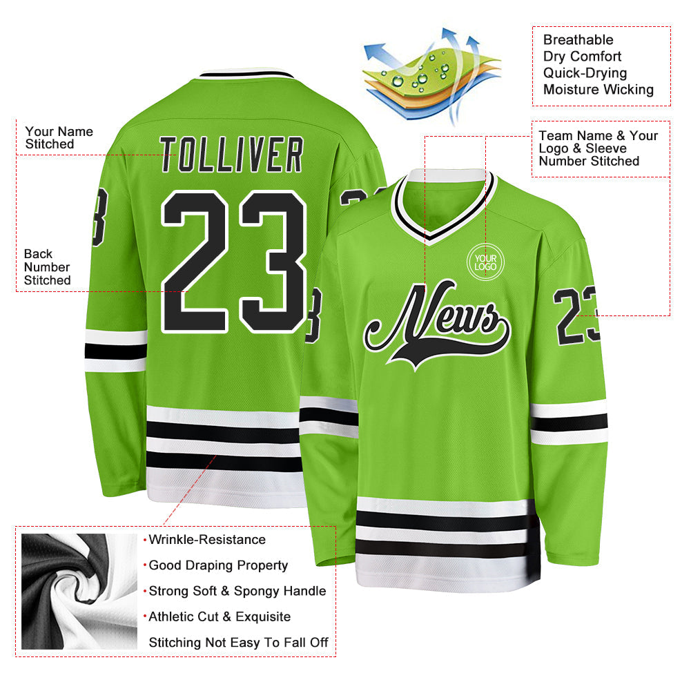 Custom Neon Green Black-White Hockey Jersey view 3