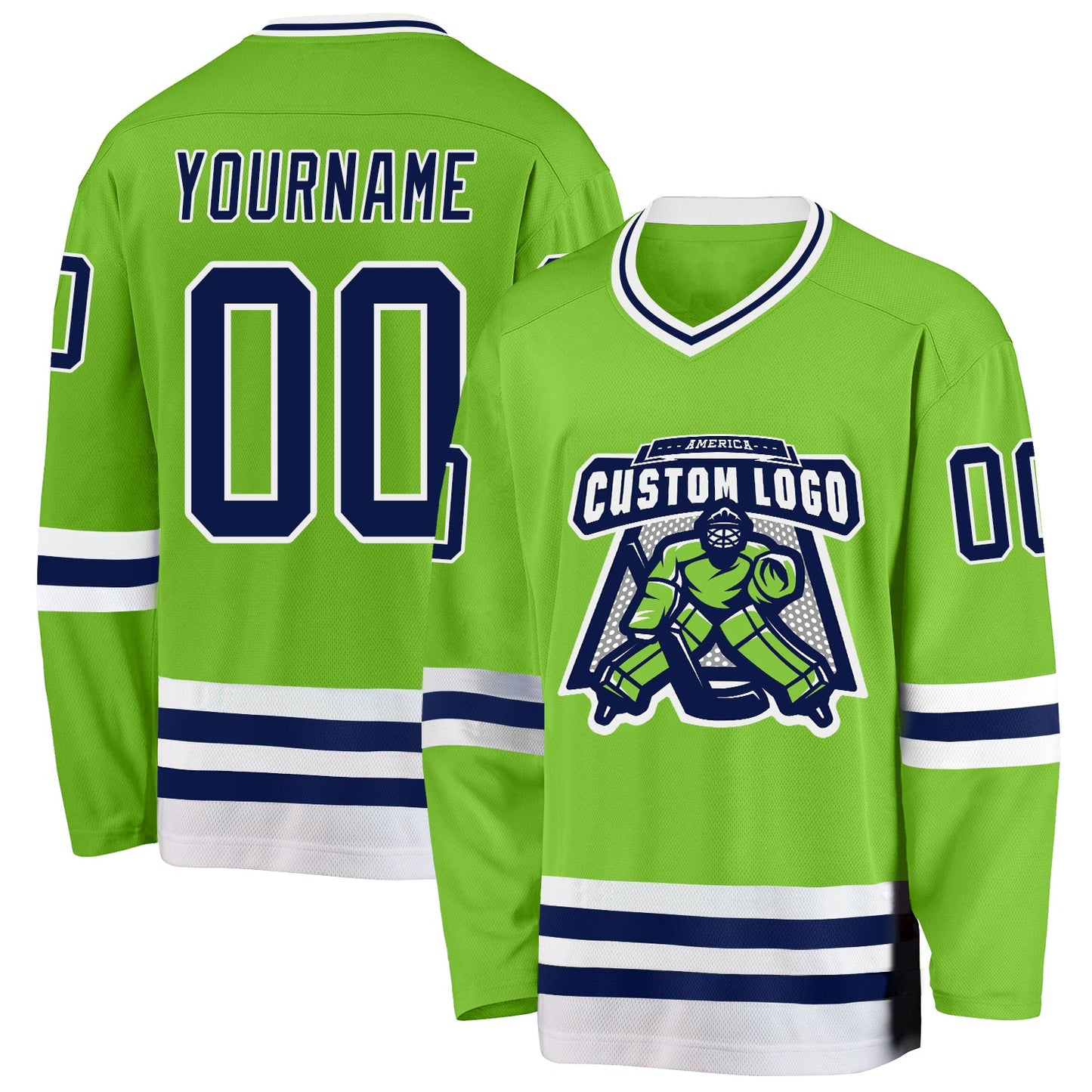 Custom Neon Green Navy-White Hockey Jersey view 2