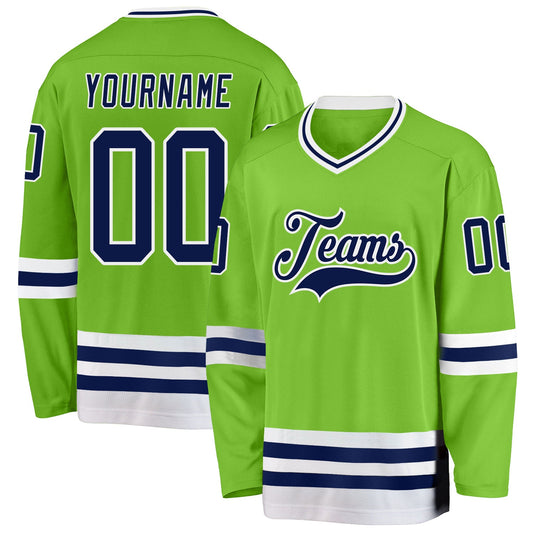 Custom Neon Green Navy-White Hockey Jersey - Main View