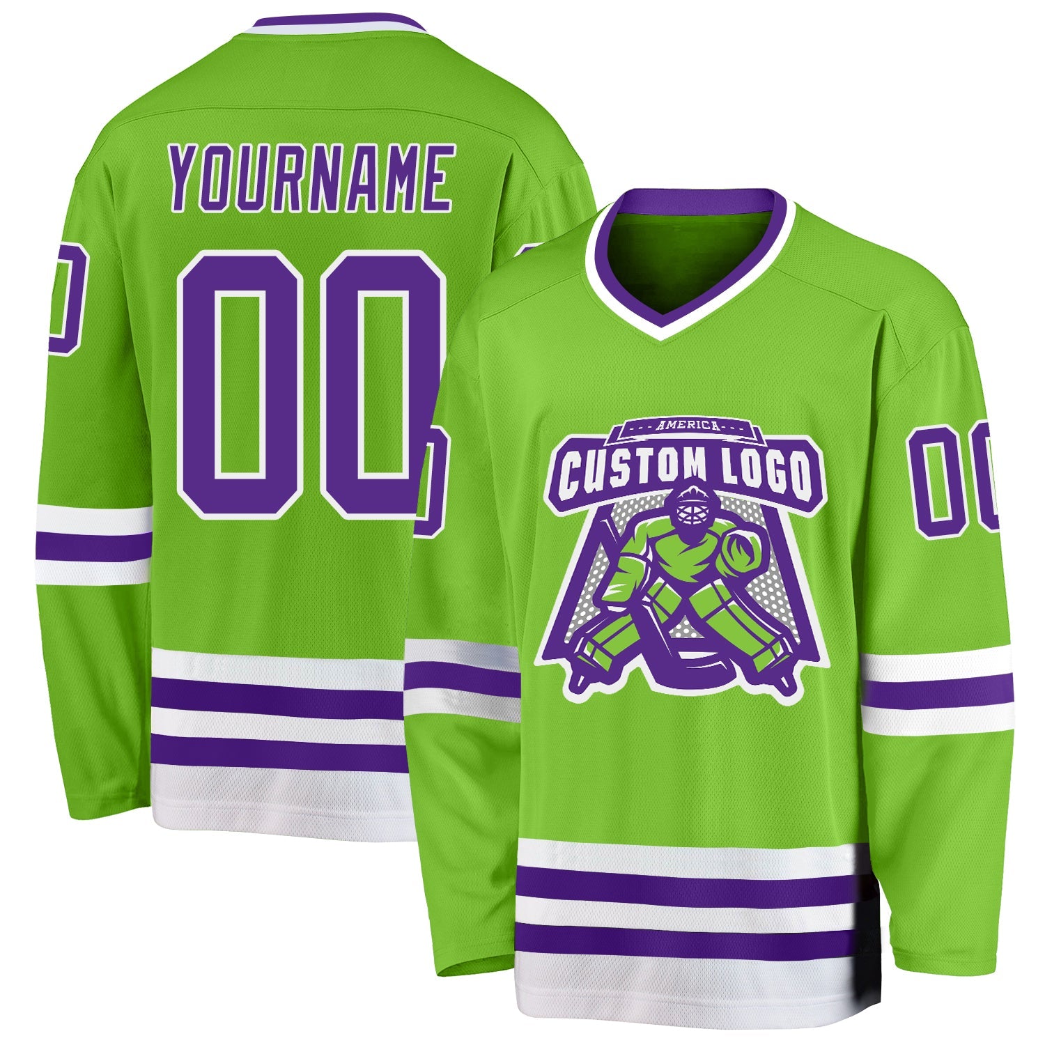 Custom Neon Green Purple-White Hockey Jersey view 2