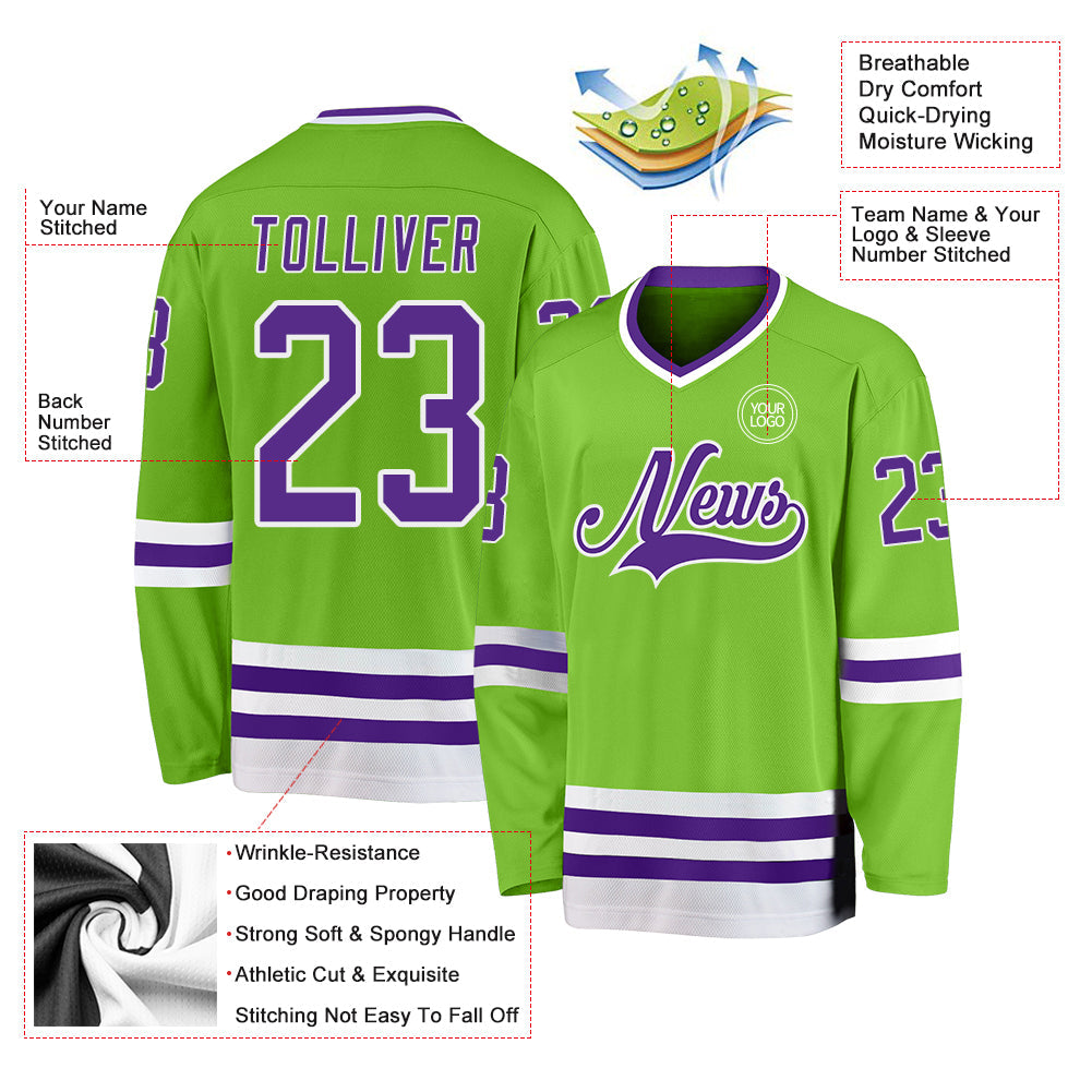 Custom Neon Green Purple-White Hockey Jersey view 3