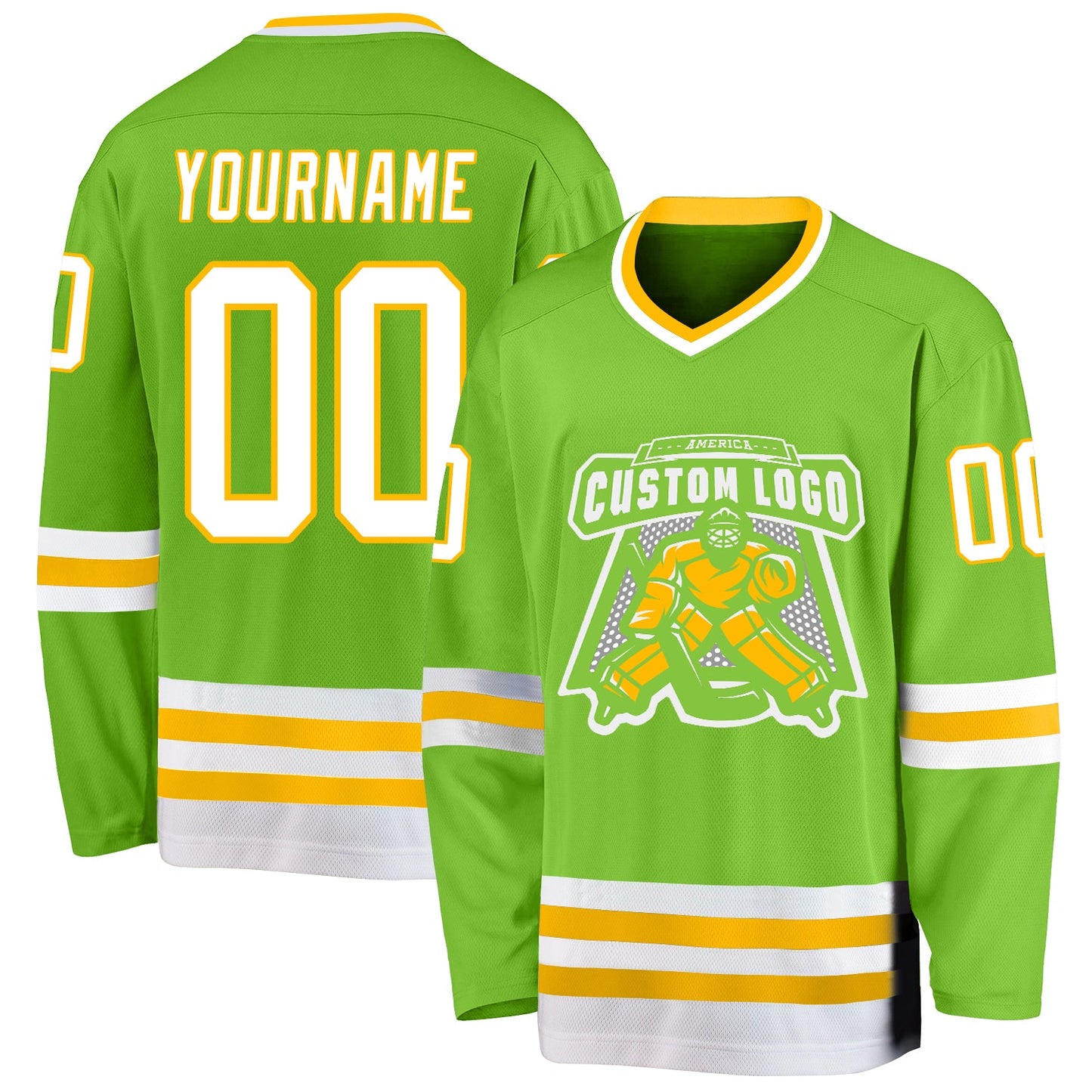 Custom Neon Green White-Gold Hockey Jersey view 2