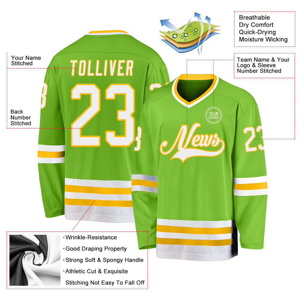 Custom Neon Green White-Gold Hockey Jersey view 3
