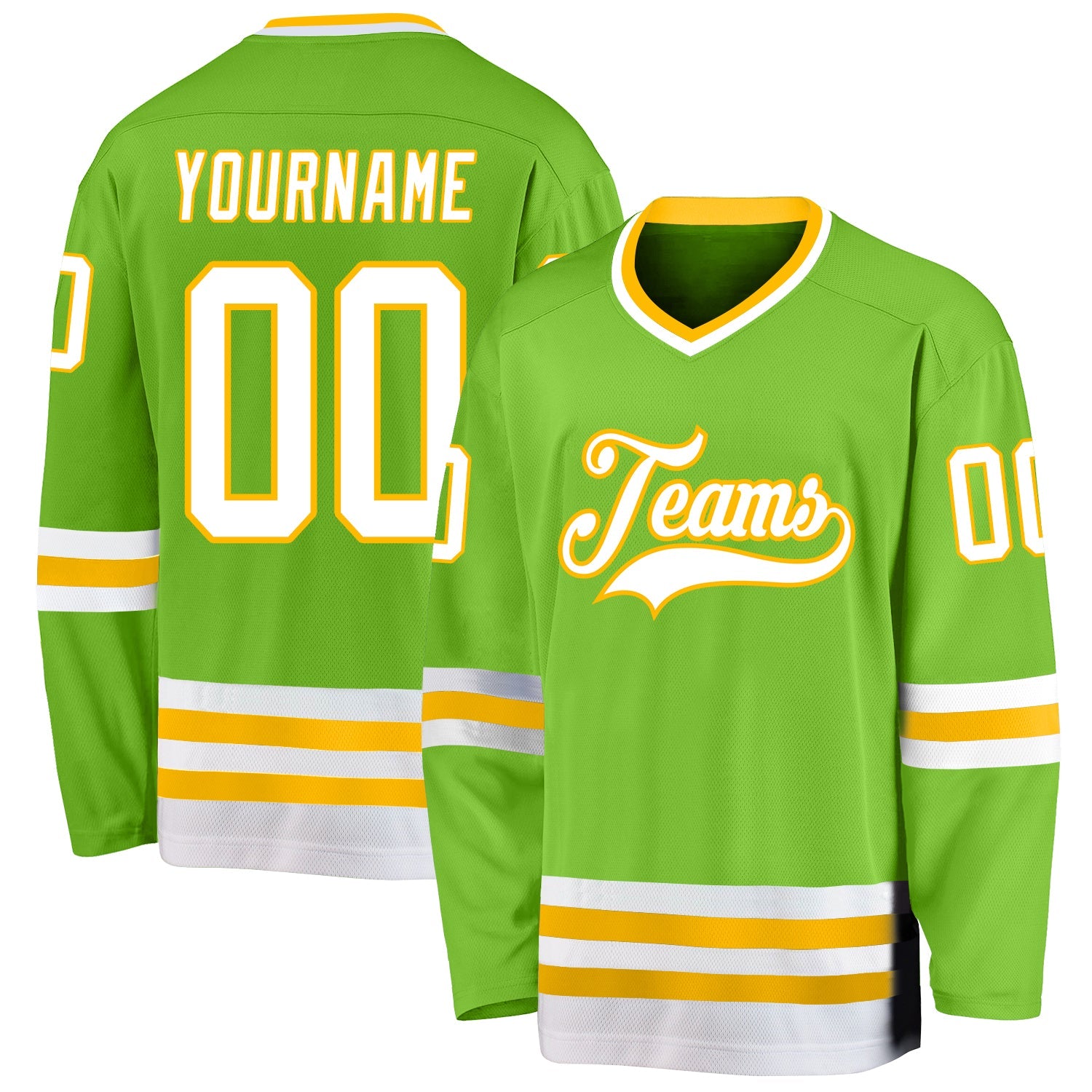 Custom Neon Green White-Gold Hockey Jersey - Main View