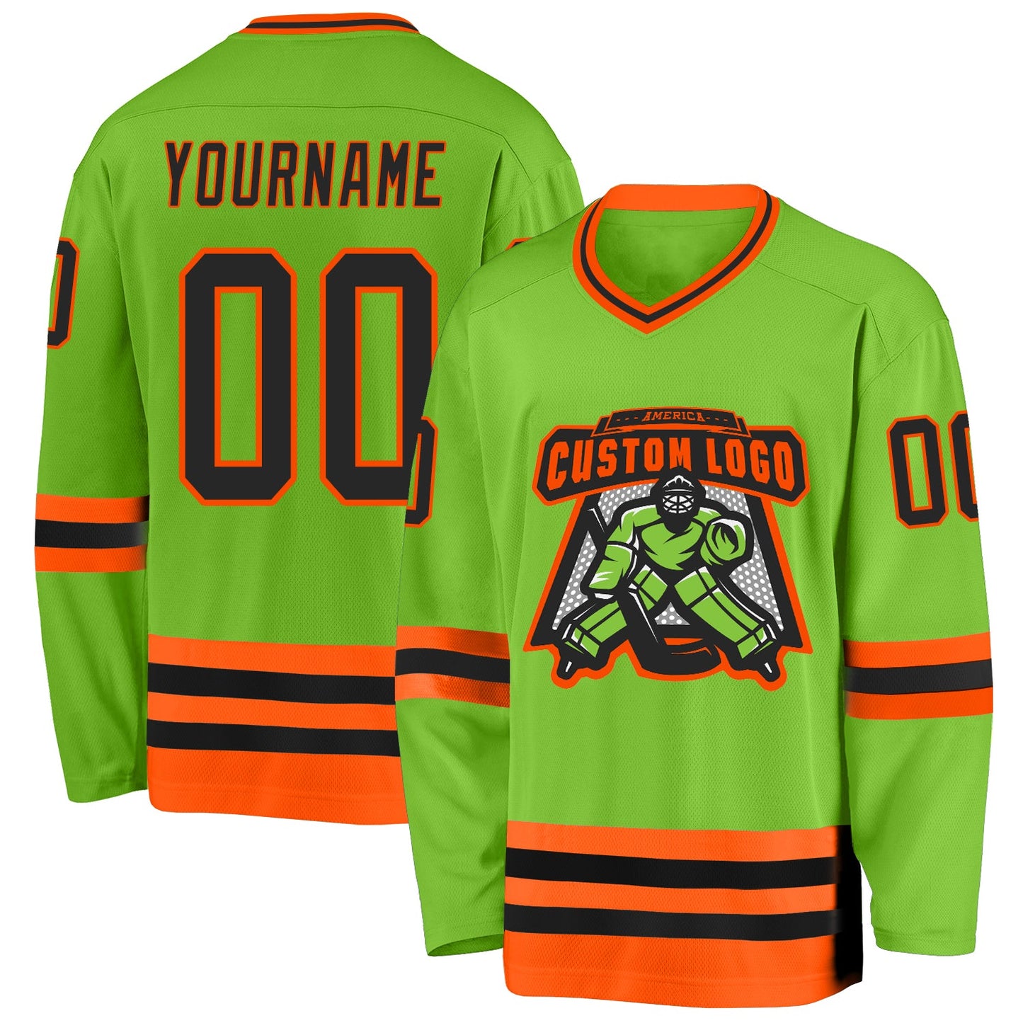 Custom Neon Green Black-Orange Hockey Jersey view 2