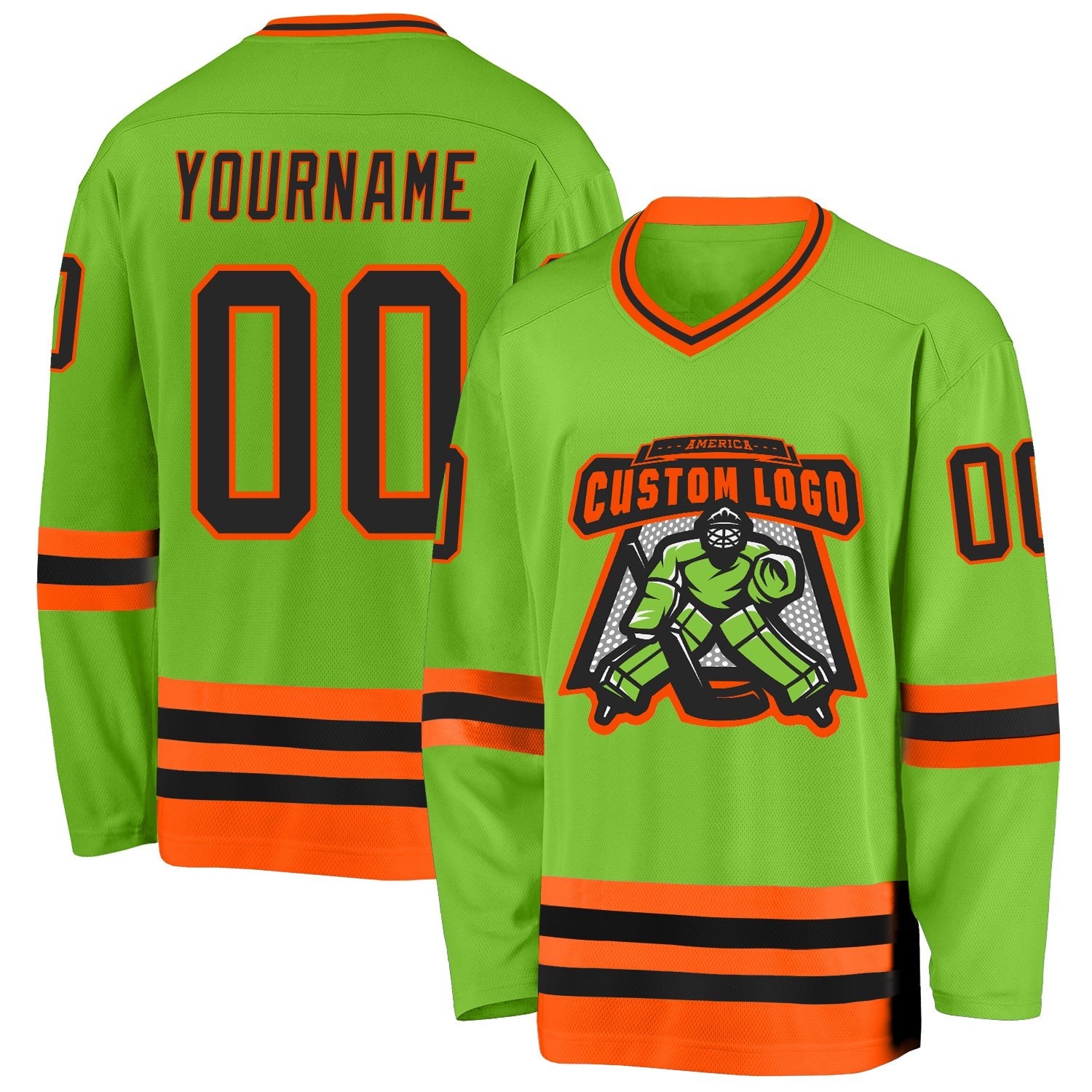 Custom Neon Green Black-Orange Hockey Jersey view 2