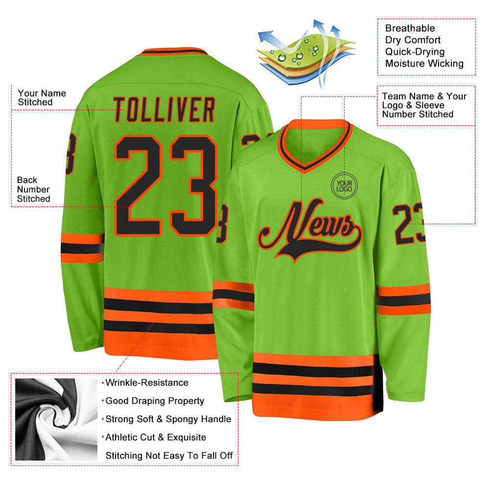 Custom Neon Green Black-Orange Hockey Jersey view 3