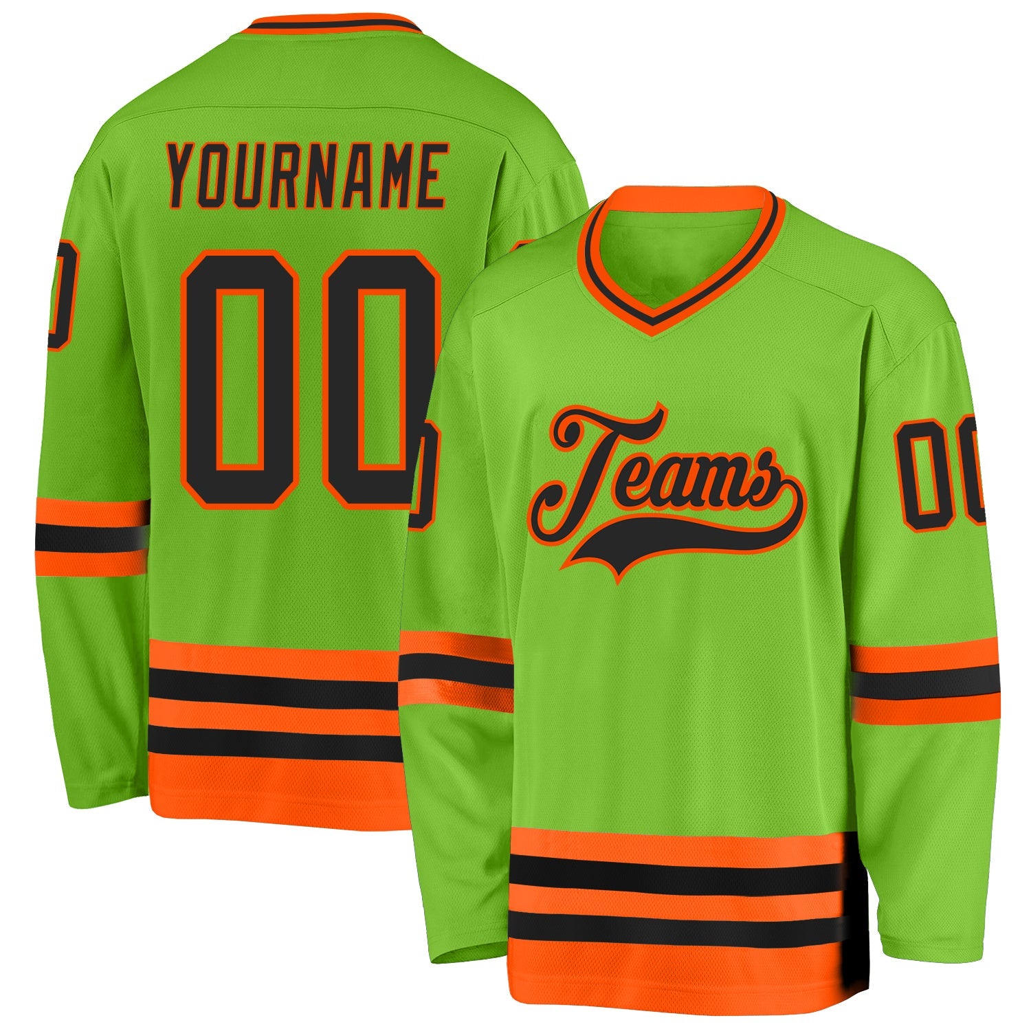 Custom Neon Green Black-Orange Hockey Jersey - Main View