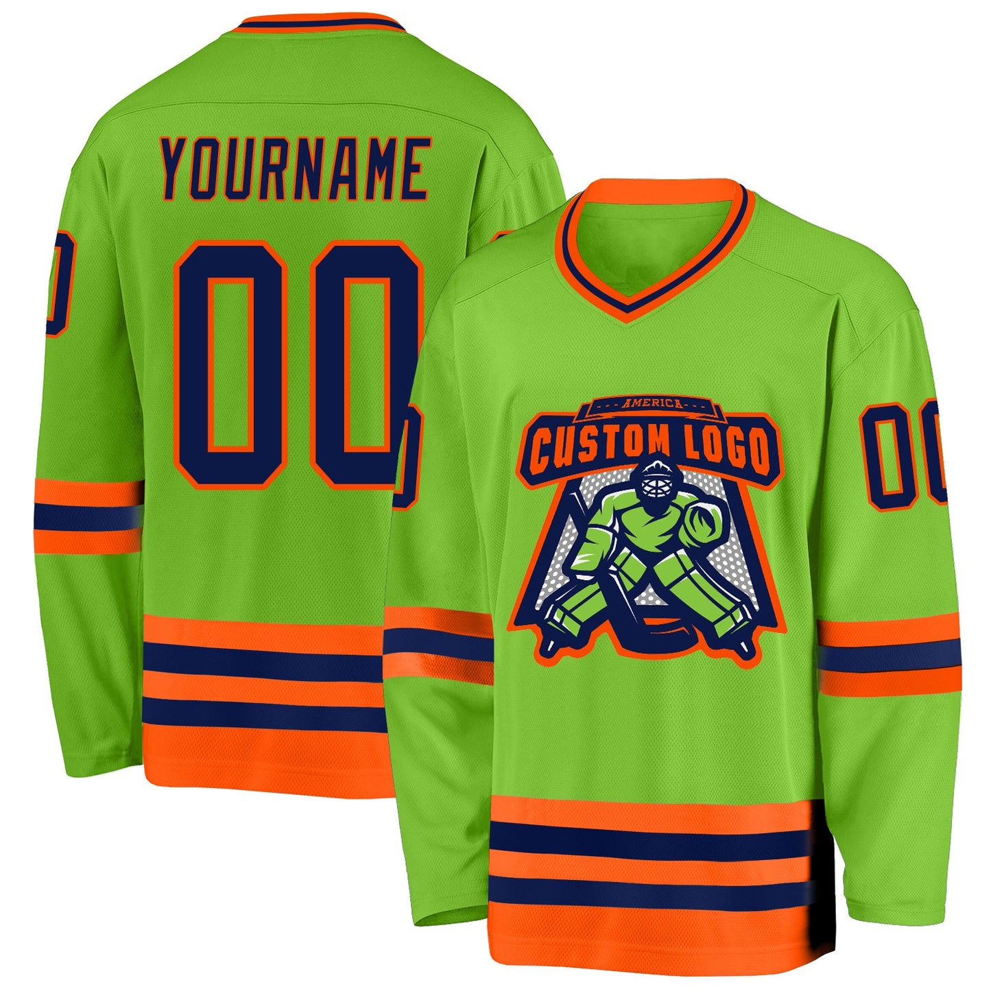 Custom Neon Green Navy-Orange Hockey Jersey view 2
