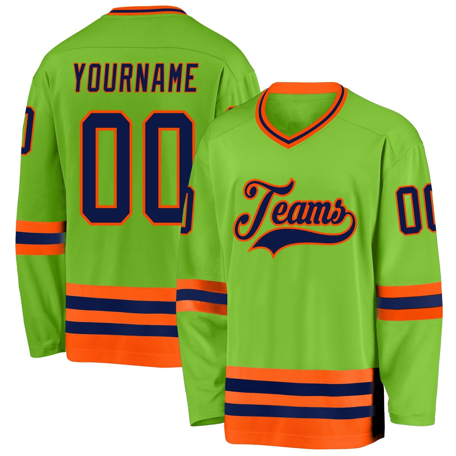 Custom Neon Green Navy-Orange Hockey Jersey - Main View