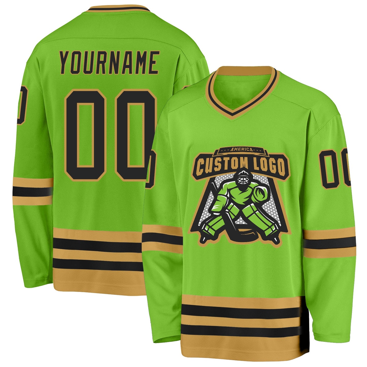 Custom Neon Green Black-Old Gold Hockey Jersey view 2