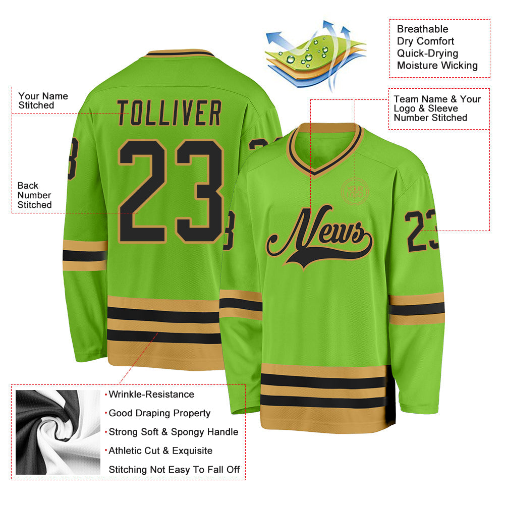 Custom Neon Green Black-Old Gold Hockey Jersey view 3