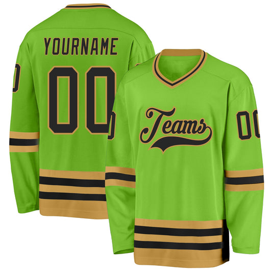 Custom Neon Green Black-Old Gold Hockey Jersey - Main View