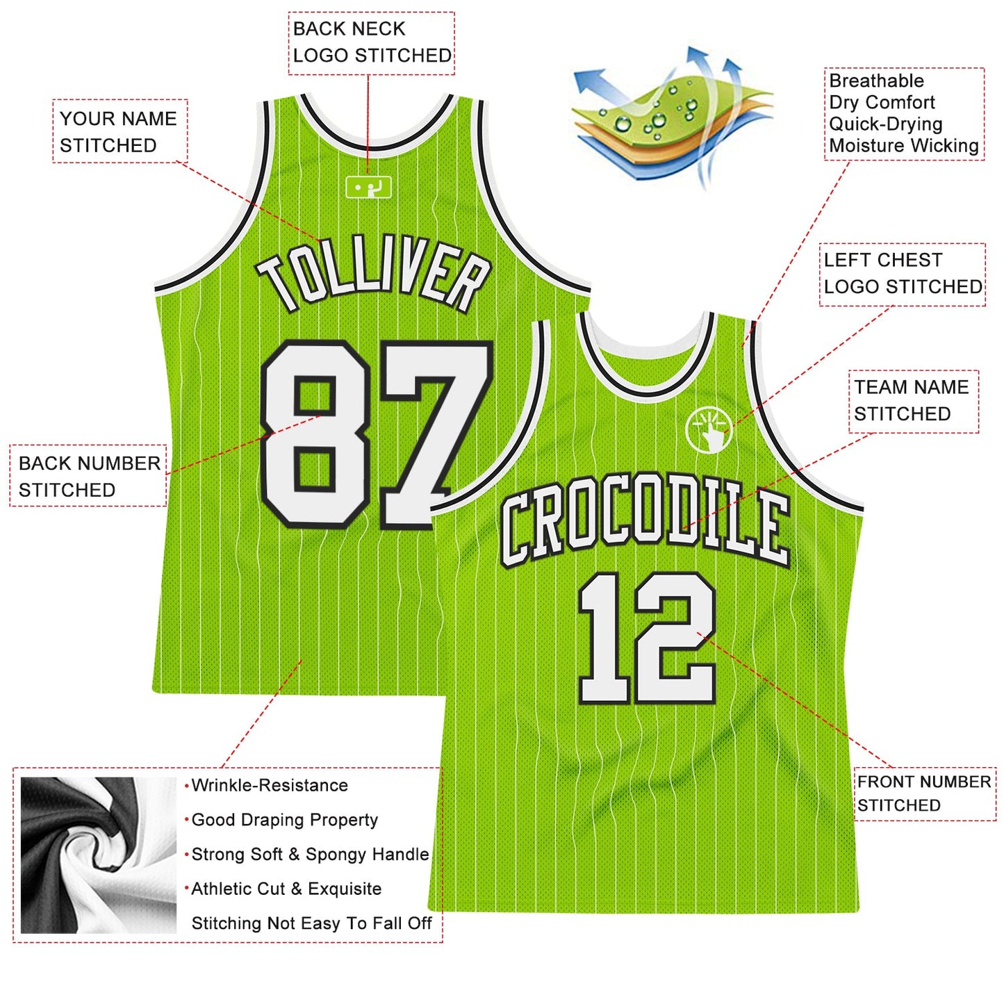 Custom Neon Green White Pinstripe Black Authentic Basketball Jersey view 2