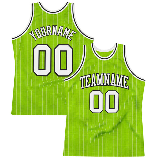 Custom Neon Green White Pinstripe Black Authentic Basketball Jersey - Main View